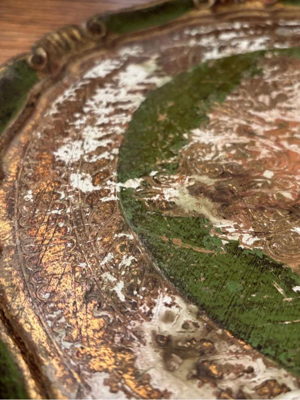 Vintage Italian Florentine Gilt Tray Green Gold Ornate Rococo Tole Style 13”